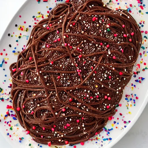 Prompt: cookbook photo of chocolate spaghetti, sprinkles