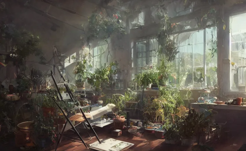 Image similar to a stylish artist studio interior, messy, many plants, painting by Craig Mullins, octane rendering, soft morning lighting, ultra wide angle lens, low view, in the style of Hayao Miyazaki, trending on artstation,