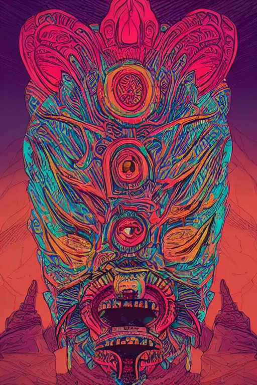 Image similar to totem animal tribal chaman vodoo mask feather gemstone plant video game illustration vivid color borderlands and by feng zhu and loish and laurie greasley, victo ngai, andreas rocha, john harris radiating a glowing aura