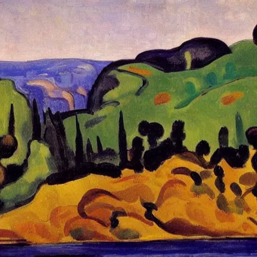 Image similar to painting of a lush natural scene on an alien planet by andre derain. beautiful landscape. weird vegetation. cliffs and water.