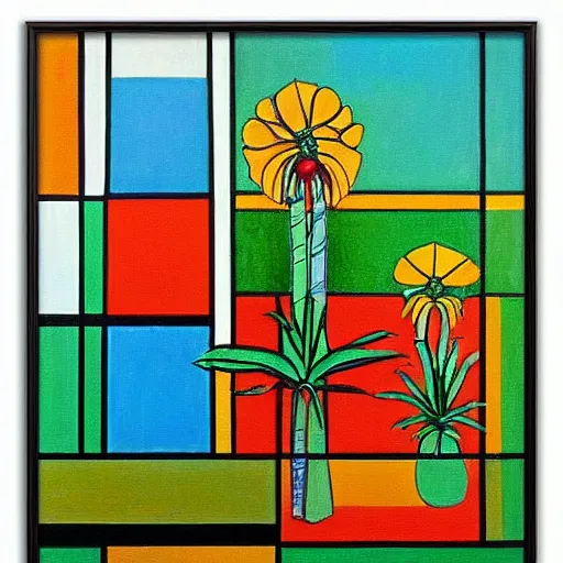 Prompt: a framed painting of a beautiful piet mondrian tropical landscape