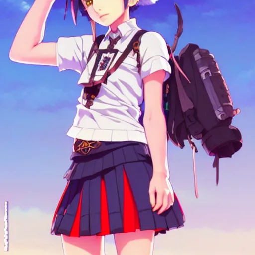 Image similar to a beautiful! boyish! natalie portman model, wearing catholic school girl outfit with mayan pattern and native style, chrono trigger jrpg aztec street fashion, gapmoe yandere grimdark, trending on pixiv fanbox, painted by greg rutkowski makoto shinkai takashi takeuchi studio ghibli, akihiko yoshida