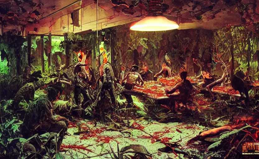 Prompt: abandoned taco bell overgrown with nature serving zombies. highly detailed science fiction painting by norman rockwell, frank frazetta, and syd mead. rich colors, high contrast, gloomy atmosphere, dark background. trending on artstation