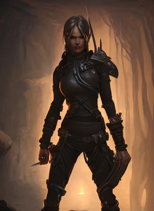 Prompt: A fantasy comic book style portrait painting of a female fantasy ranger in a atmospheric dark fortress, unreal 5, DAZ, hyperrealistic, octane render, RPG portrait, ambient light, dynamic lighting