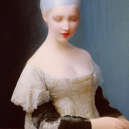 Image similar to a young woman’s face, her hair is white, she wears a long flowing blue satin veil, by ivan aivazovsky and pieter claesz and paul delaroche and alma tadema and august malmstrom and and willen claesz heda and aelbert cuyp and gerard ter borch, hyperrealistic, volumetric light, panavision super speed lens, rendered in octane, c4d