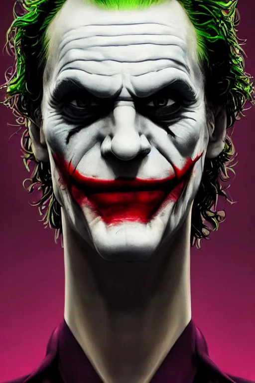 Image similar to cinematic portrait of the Joker. Centered, uncut, unzoom, symmetry. charachter illustration. Surreal render, ultra realistic, zenith view. Polished. Inspired by patricio clarey, heidi taillefer scifi painter glenn brown. Extremely ornated. artstation, cgsociety, unreal engine, ray tracing, detailed illustration, hd, 4k, digital art, overdetailed art. Dslr, tiltshift, dof. 64megapixel. complementing colors. Trending on artstation, deviantart,