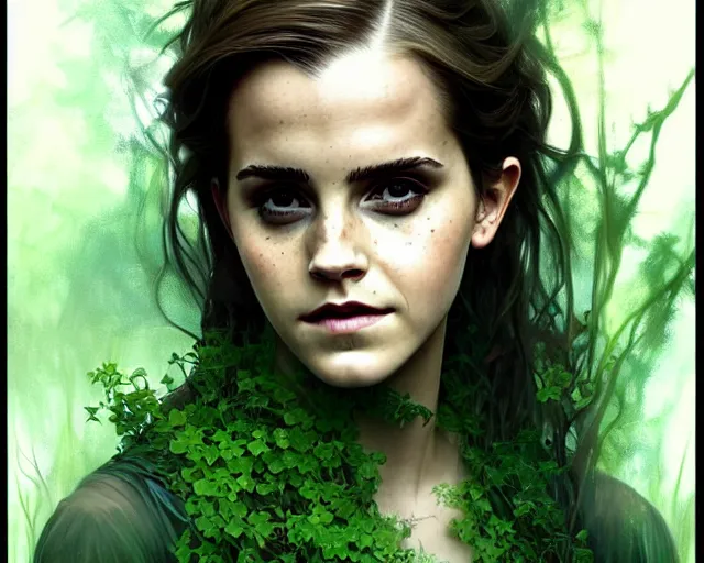 Image similar to mindblowing portrait of emma watson as a swamp witch, green colored skin!!, deep focus, d & d, fantasy, intricate, elegant, highly detailed, digital painting, artstation, concept art, matte, sharp, illustration, hearthstone, art by artgerm and greg rutkowski and alphonse mucha