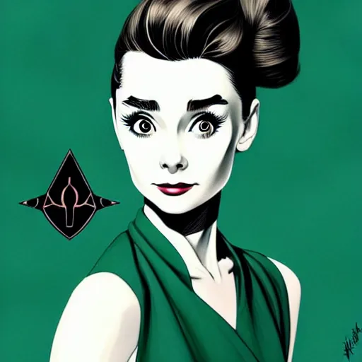 Image similar to in the style of joshua middleton, artgerm, beautiful audrey hepburn, aquapunk, bioshock, full body green dress, elegant pose, spooky, symmetrical face symmetrical eyes, three point lighting, detailed realistic eyes, insanely detailed and intricate elegant, underwater home