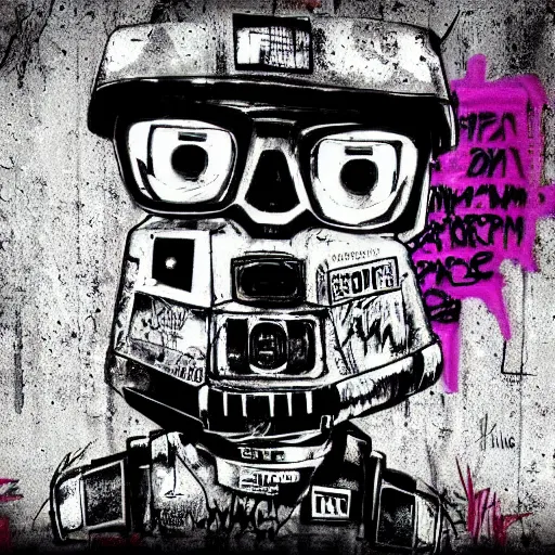 Image similar to chappie colorful graffiti, black and white zef design graffiti on the wall, dark lighting, digital art