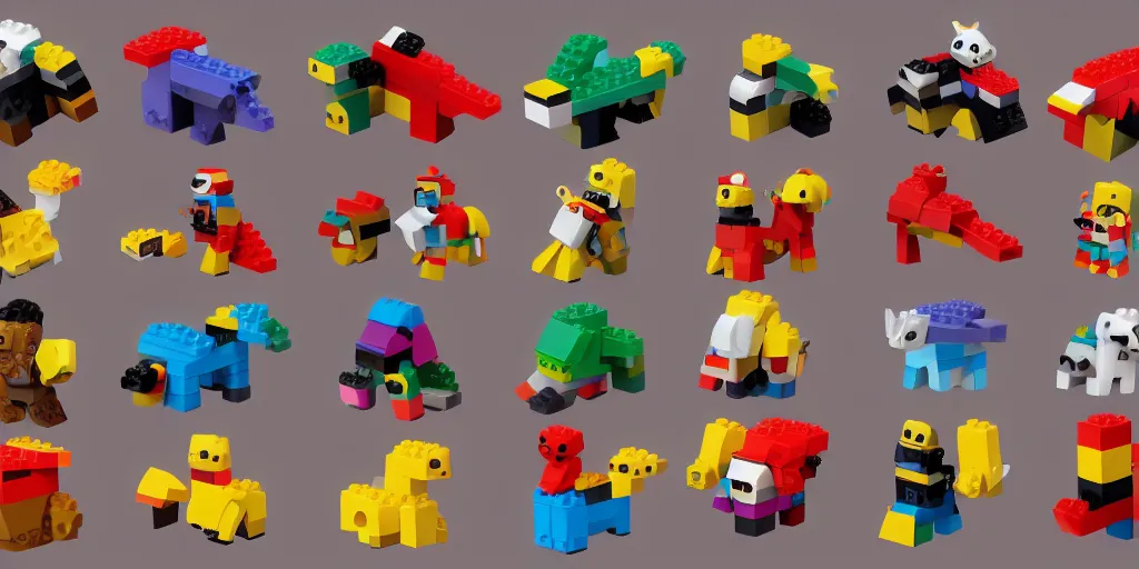 Prompt: small animals made of two or three bricks, four legged, quadrupedal, cute looking, kawaii, sharp focus, character sheet, game concept art, blocky, lego mixels, japanese, katamari damacy