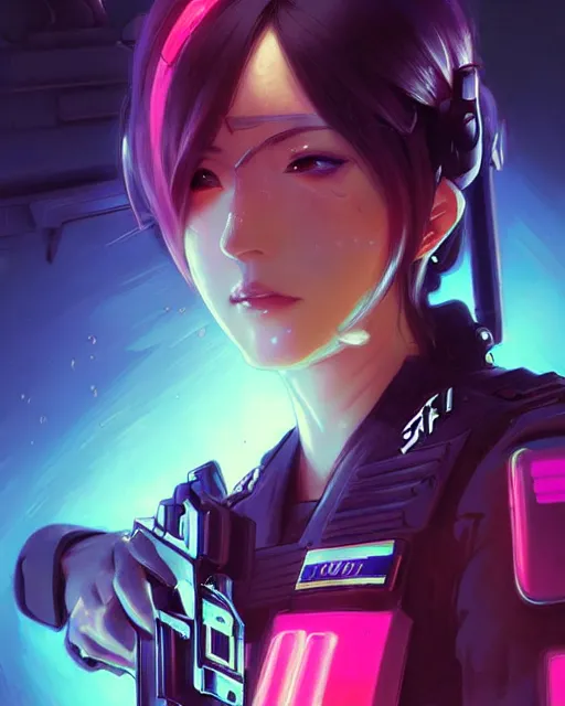 Prompt: anime key visual of a female officer, swat vest, neon, cyberpunk, futuristic, stunning, highly detailed, digital painting, smooth, soft focus, illustration, movie poster, japanese typography, digital art from artstation by artgerm and greg rutkowski and alphonse mucha