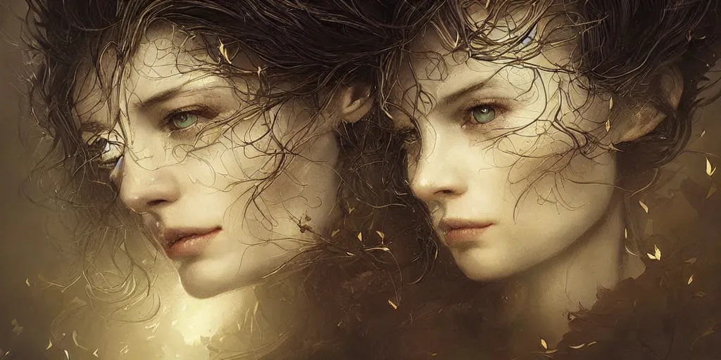 Image similar to golden leaves at frame border, creative!!! composition for a book cover!!!, absurdly beautiful, ultrafine hyperrealistic detailed old witch face by wlop and artgerm and greg rutkowski, intricate linework, sharp focus, smooth, octopath traveler, final fantasy, unreal engine, dramatic lighting, ethereal, 8 k