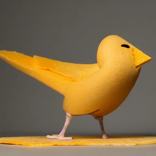 Prompt: Photo of a bird made of cheese