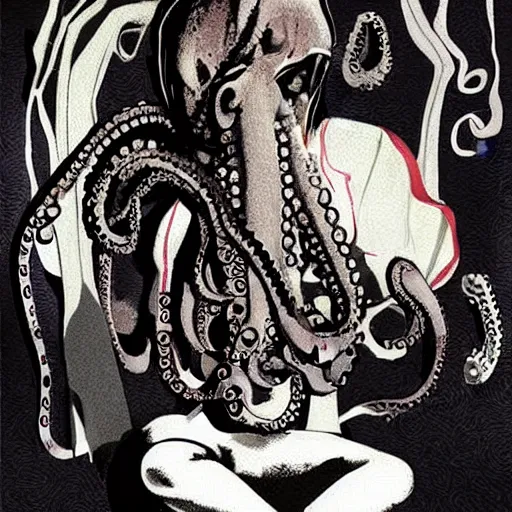 Prompt: a sad girl with octopus tentacles instead of limbs sitting on the floor, illustration by Dave McKean