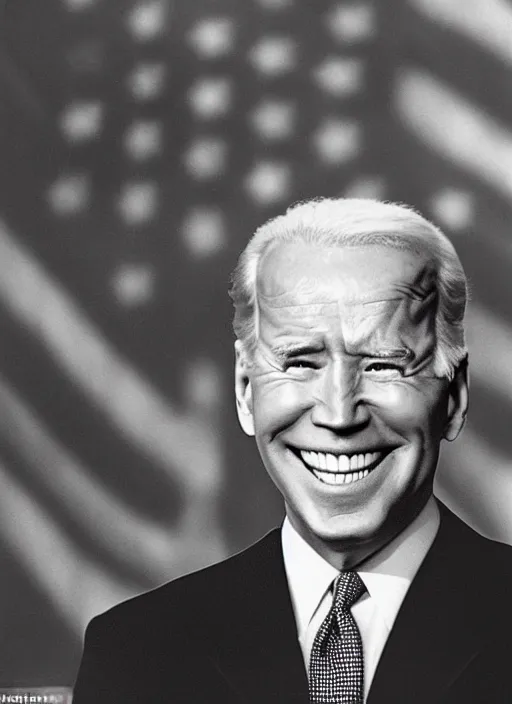 Prompt: first person perspective of joe biden staring directly at you ominously with a big scary smile, 1940s scare tactic propaganda art