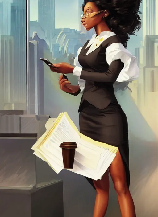 Prompt: detailed digital painting of beautiful black woman in corporate attire juggling cell phones manila folders coffee mugs, fanart behance trending on artstation, concept art, matte, sharp focus, illustration, corporate office atmosphere, hearthstone, art by artgerm and greg rutkowski and alphonse mucha