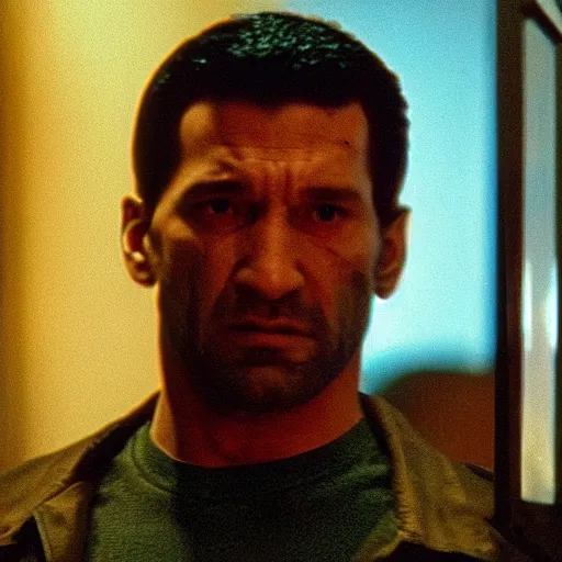 Image similar to a vhs still portrait of the punisher breaking into the office from a gritty cyberpunk 2 0 0 0 s james cameron movie about spider - man. realism, cinematic lighting, 4 k. 8 mm. grainy. panavision.