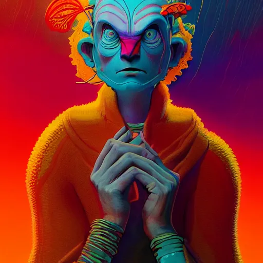 Image similar to colourful breathtakingly weird beautiful powerful magical wonderfully majestic beautifully cool character by michael whelan and moebius and beeple and kilian eng and dan mcpharlin and pascal blanche and jamie hewlett and richard dadd, symmetrical, magical stormy reflections, smoke on water, 8 k artstation