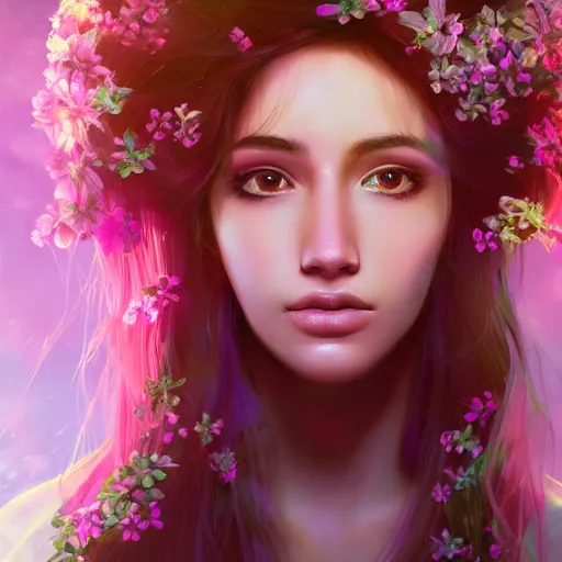 Prompt: high detail portrait of a beautiful woman with her hair down and surrounded by soft florals, vaporwave lighting, dewy skin, concept art, beautiful