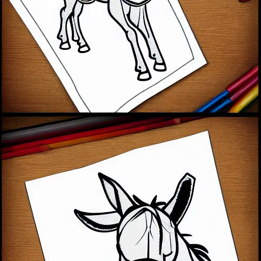 Image similar to cute cheerful a donkey walking, colouring - in sheet, concept design, character art, sharp focus, highly detailed