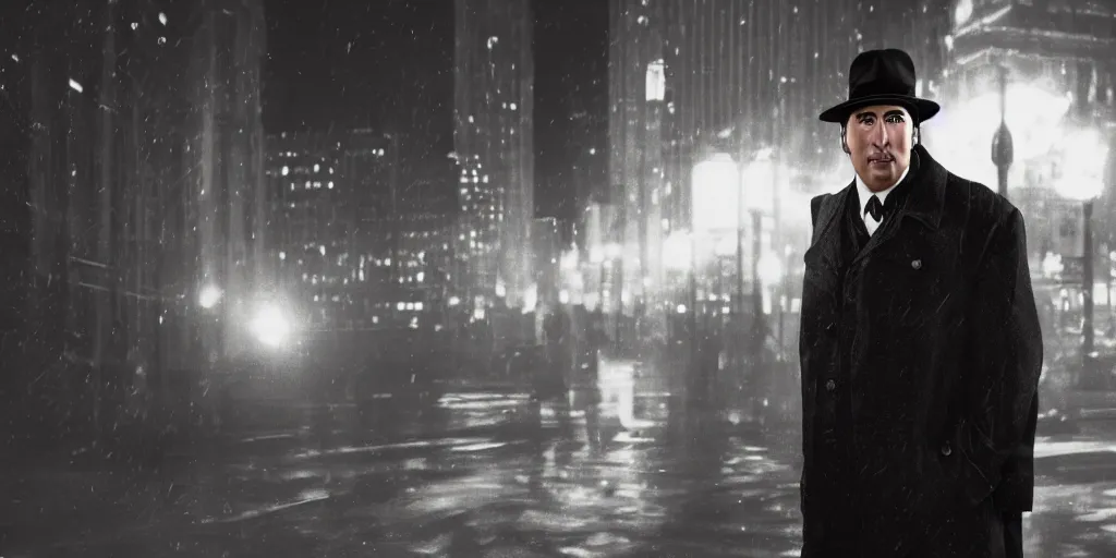 Prompt: a picture of a man with a face similar to nick cage, wearing a 1 9 4 0's noire detective outfit with fedora and trench coat, standing in the streets of chicago at night, detailed unblurred face, 4 k octane render digital painting