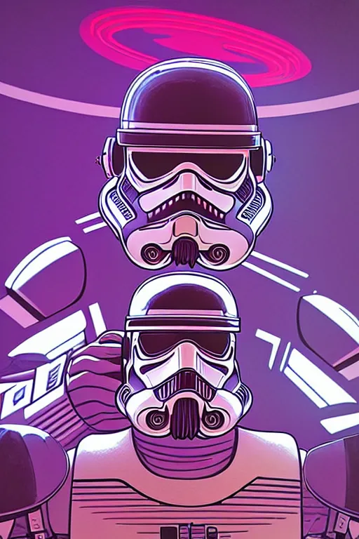 Image similar to closeup portrait of stormtrooper dj standing on a giant science fiction turntable in a dj booth, syd mead, dan mumford, moebius, detailed illustration, digital art, neon, isometric, symmetrical, comic book