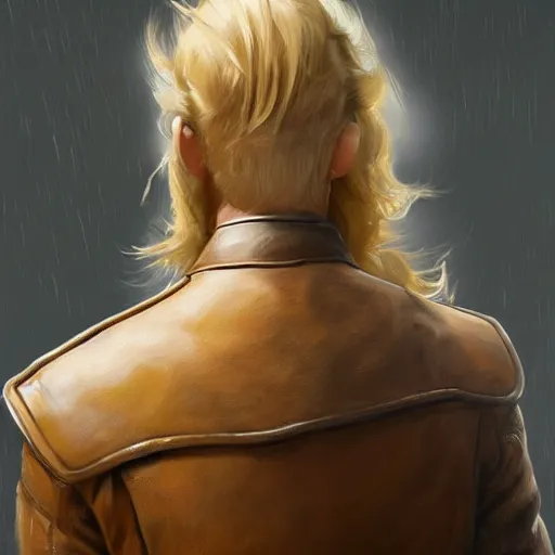 Prompt: rear side portrait of a big, ponytail haired blonde man with a mechanical left arm, wearing a brown leather coat, ponytail hair, DnD, fantasy, digital art by Ruan Jia