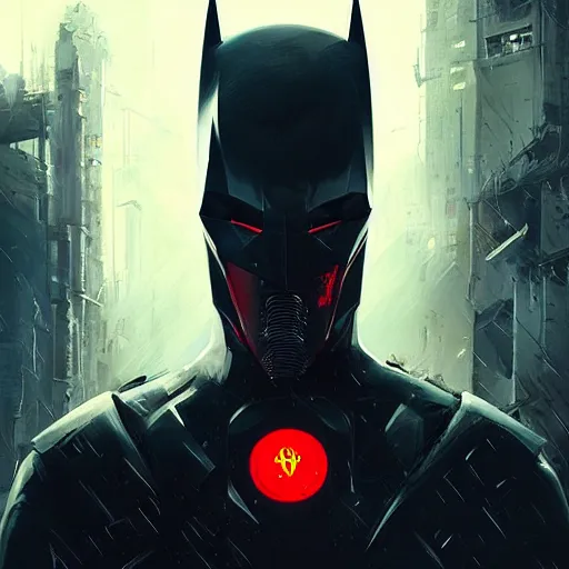 Prompt: cyberpunk batman with fullface mask, red bat logo, wide shot, moody, futuristic, city background, brush strokes, oil painting, greg rutkowski