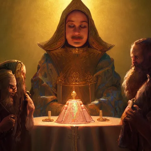 Prompt: The mystery of the Holy Grail, hyperrealistic oil painting, super detailed, colorized, 8k, trending on Artstation, D&D, fantasy, raytracing, depth of field, bokeh, iridescent accents, vibrant, award winning, by Anato Finnstark and Marc Simonetti, spectacular lighting, octane rendered