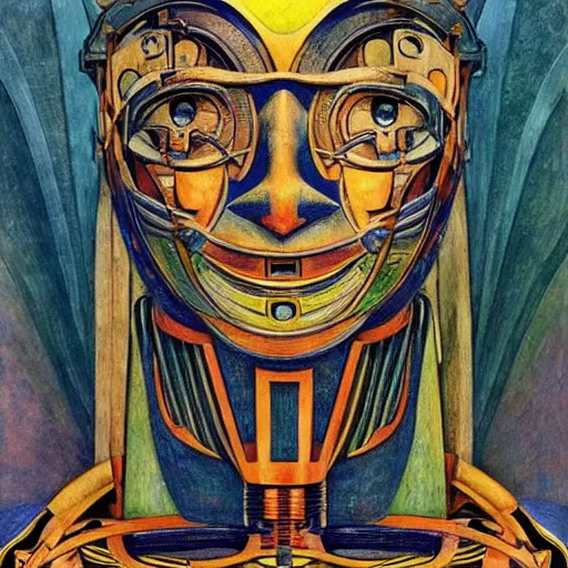 Prompt: the robot in her intricate mechanical mask, by annie swynnerton and diego rivera and kit williams and leo and diane dillon, symbolist, dramatic lighting, elaborate geometric ornament, art brut, god rays, soft cool colors, smooth, sharp focus, extremely detailed, adolf wolfli