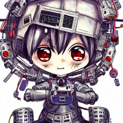 Image similar to Anime manga robot!! Anime girl, cyborg girl, exposed wires and gears, fully robotic!! girl, manga!! in the style of Junji Ito and Naoko Takeuchi, cute!! chibi!!! Schoolgirl, epic full color illustration, tattoo