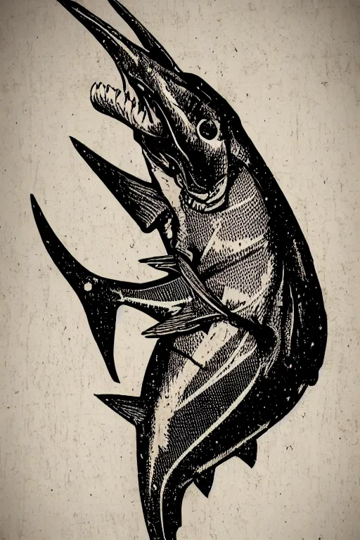 Prompt: a beautiful woodcut print of a marlin, 8 k, frostbite 3 engine, cryengine, dof, trending on artstation, digital art, crepuscular ray, art by roy l davies and tugboat printshop