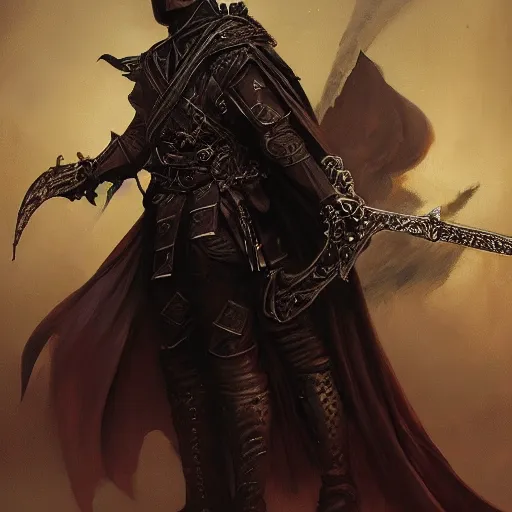 Image similar to the torturer Severian from Book of the New Sun by gene wolfe holds his sword and wears his darkest black cape, D&D, fantasy, intricate, highly detailed, oil painting, artstation, Greg Rutkowski, Artgerm, Alphonse Mucha, WLOP