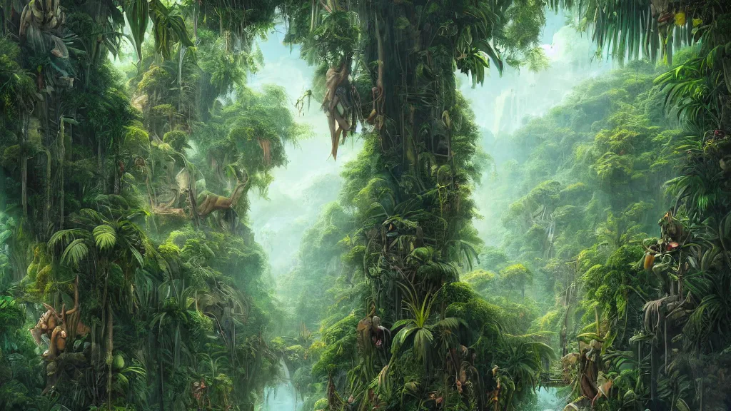 Image similar to Trending on artstation, beautiful jungle, detailed matte painting, oil on canvas