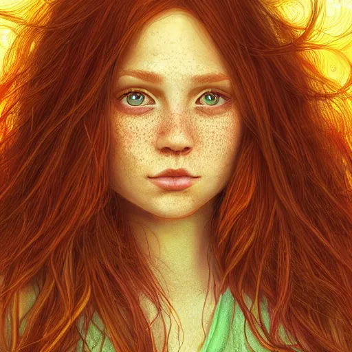 Image similar to highly detailed portrait of a red haired girl with long hair, green eyes, round face, freckles, softly smiling among fireflies, intricate details, accent lighting, dramatic light, golden ratio, hyper realistic digital art
