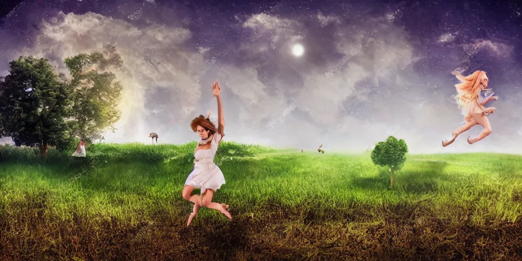 Image similar to pretty girl, wide open field, jumping, flying hair, mushrooms, vegetation, trees, moonlight, old farm