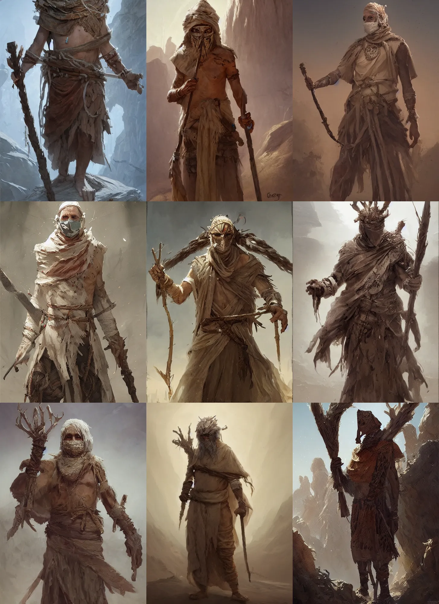 Prompt: an aged desert druid wearing bandages all over his body, full body, covered in bandages, masked, holding a big two - handed staff, character art, highly detailed, award winning, greg rutkowski