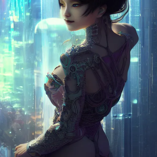 Image similar to portrait futuristic goddess at future neon light tokyo rooftop, sci - fi and fantasy, intricate and very very beautiful and elegant, highly detailed, digital painting, artstation, concept art, smooth and sharp focus, illustration, art by tan zi and ayanamikodon and alphonse mucha and wlop