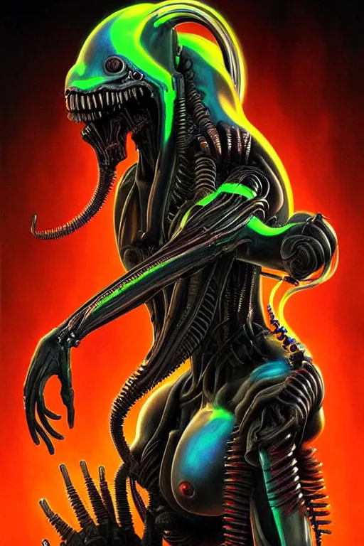 Image similar to horrifying cinematic neon acid biomechanical xenomorph poster, hybrid from doom and art direction by h r giger ; by artgerm ; wayne reynolds art station ; cinematic quality character render ; low angle ; ultra high quality model ; production quality cinema model ;