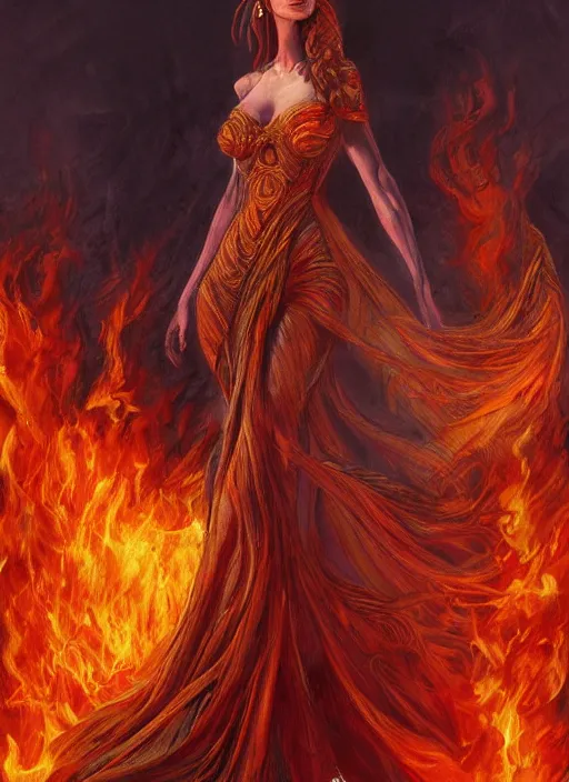 Prompt: a goddess walking through flames, hyperdetailed, digital drawing, artstation, intricate, elegant, by Julie Bell