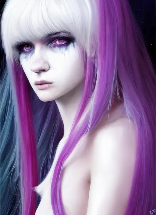 Image similar to hair whitebangs hair, black cyberlox, portrait of normal teenage girl, white bangs, messy bangs, fluffy bangs, cyberlox, whitebangs, red irises, purple background, intricate, elegant, highly detailed, digital painting, artstation, concept art, sharp focus, smooth, illustration, art by wlop, mars ravelo and greg rutkowski