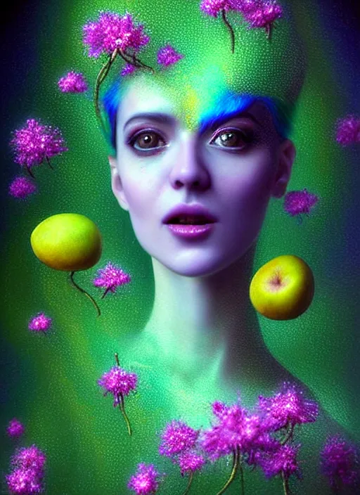 Prompt: insanely detailed 3d render like a chiariscuro Oil painting with focal blur - Aurora (Singer) looking adorable and seen in attractive dynamic pose joyfully Eating of the Strangling network of thin yellowcake aerochrome and milky Fruit and Her delicate Hands hold of gossamer polyp blossoms bring iridescent fungal flowers whose spores black the foolish stars to her smirking mouth by Jacek Yerka, Mariusz Lewandowski, Houdini algorithmic generative render, Abstract brush strokes, Masterpiece, Edward Hopper and James Gilleard, Zdzislaw Beksinski, Mark Ryden, Wolfgang Lettl, hints of Yayoi Kasuma, octane render, 8k