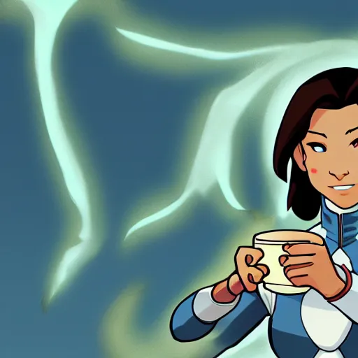 Image similar to Avatar korra drinking tea, digital art