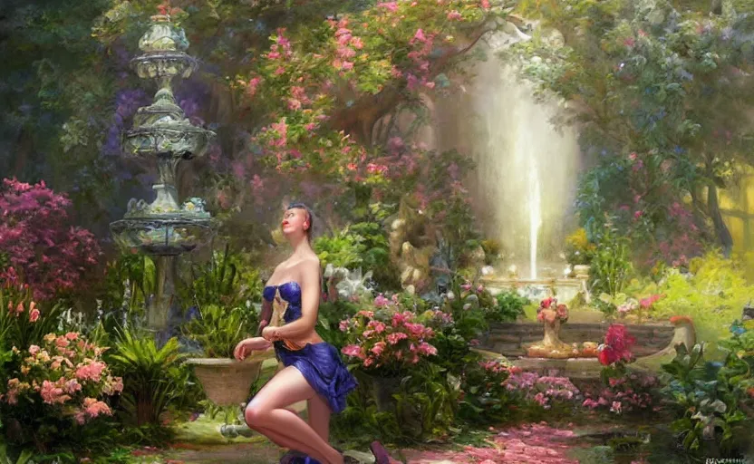 Image similar to The kneeling statue of a woman in a beautiful garden, next to a fountain and a mystical palace, and all this in a foggy and mysterious atmosphere. Fantasy and concept art by Konstantin Razumov.