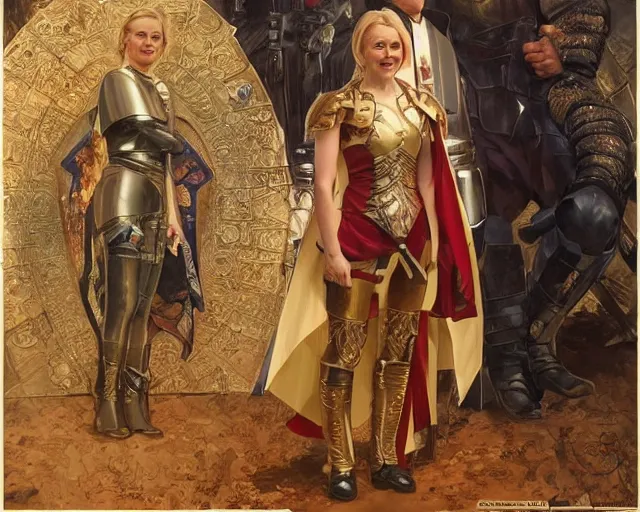 Prompt: liz truss dressed in armor standing next to a giant putin, vivid eyes, real life skin, intricate, elegant, highly detailed, artstation, concept art, smooth, sharp focus, art by artgerm and greg rutkowski and alphonse mucha
