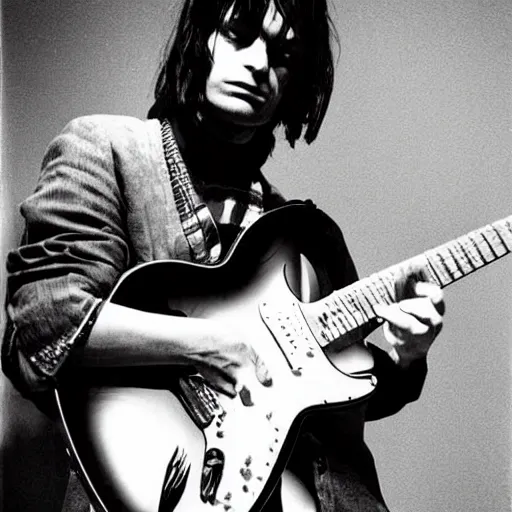 Prompt: Jonny Greenwood playing a guitar in a black and white photo, a black and white photo by David Gilmour Blythe, featured on tumblr, toyism, groovy, psychedelic, ilya kuvshinov