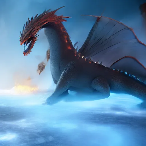 Prompt: female and dragon merging into one, surrounded by fire, water, and ice, cineamic, Unreal Engine, 8K,