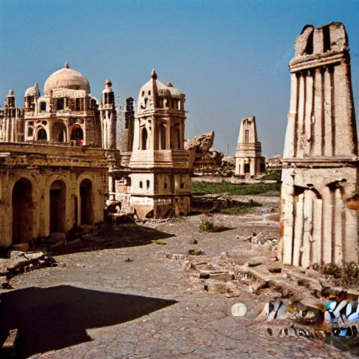 Prompt: photograph of streets surrounded by buildings in an ancient ruined city with massive monumental ornate buildings made of granite surrounded by a hilly steppe with lush grasslands. the architecture is a mixture of geometric byzantine architecture and ancient indian architecture. wide angle 3 5 mm color film photograph.