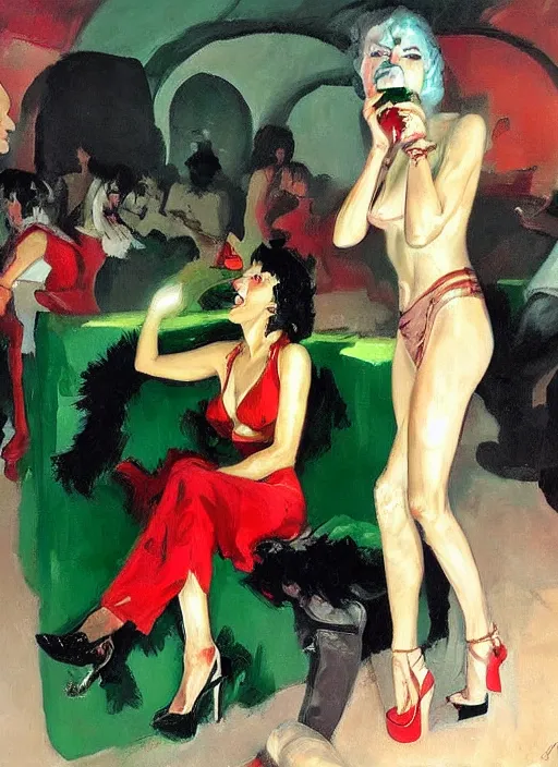 Image similar to glam rockers drinking brutal and raw wine, inside a green cave with red lights by joaquin sorolla, phil hale, extremely detailed