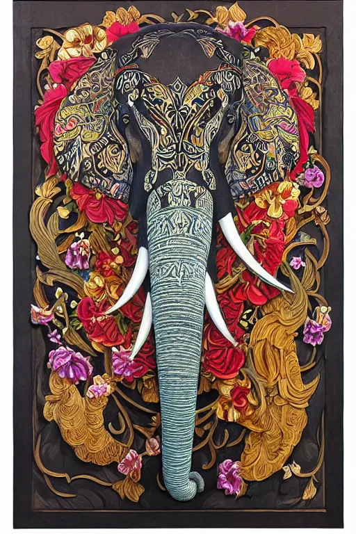 Image similar to Painted dark-wood panel relief carving of a close up of a Flowerpunk Matriarch Elephant, ornate border frame, explosion of colorful flowers, dark wood, intricately carved, black ink, festival of rich colors, intricate details, cinematic lighting, volumetric lighting, post-processing, art nouveau, by andreas rocha and john howe, and Martin Johnson Heade, featured on artstation, featured on behance, golden ratio, hyper detailed, photorealistic, epic composition, center spotlight, f32, well composed, symmetrical, UE5, 8k